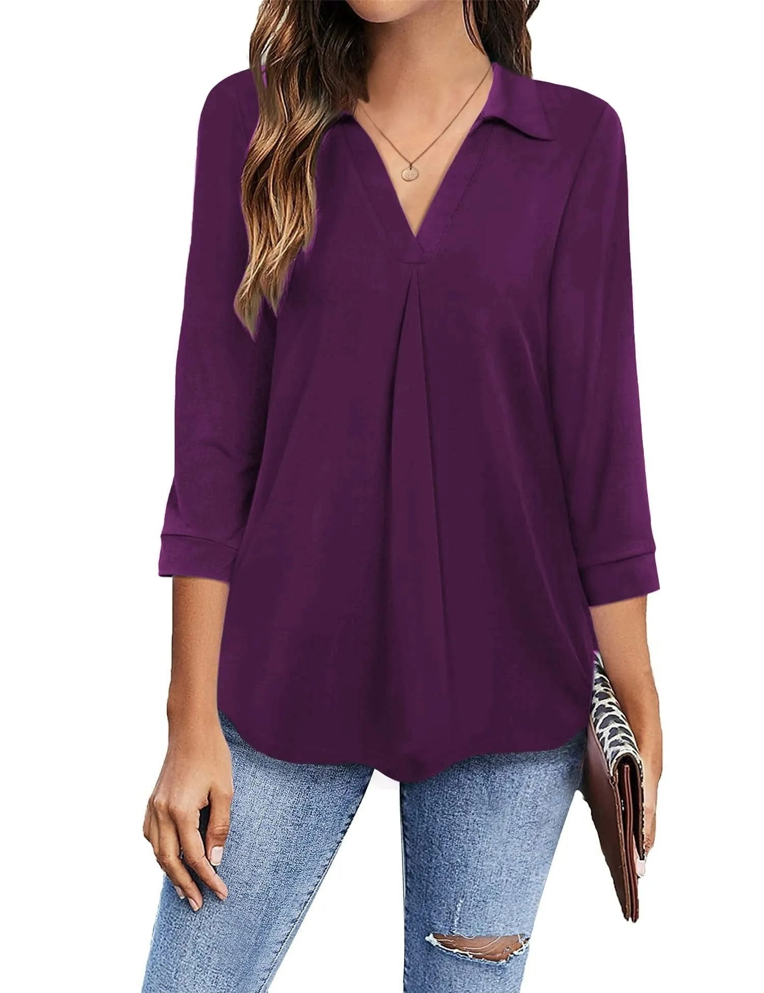 3/4 Sleeve Collared V Neck Tunic Top