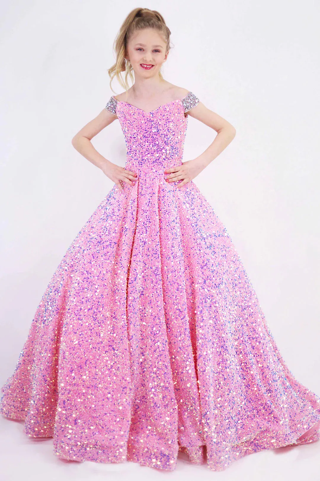 Ava Presley 27733 Girls Pageant Dress Long Velvet Sequin Off the Shoulder Crystal Straps