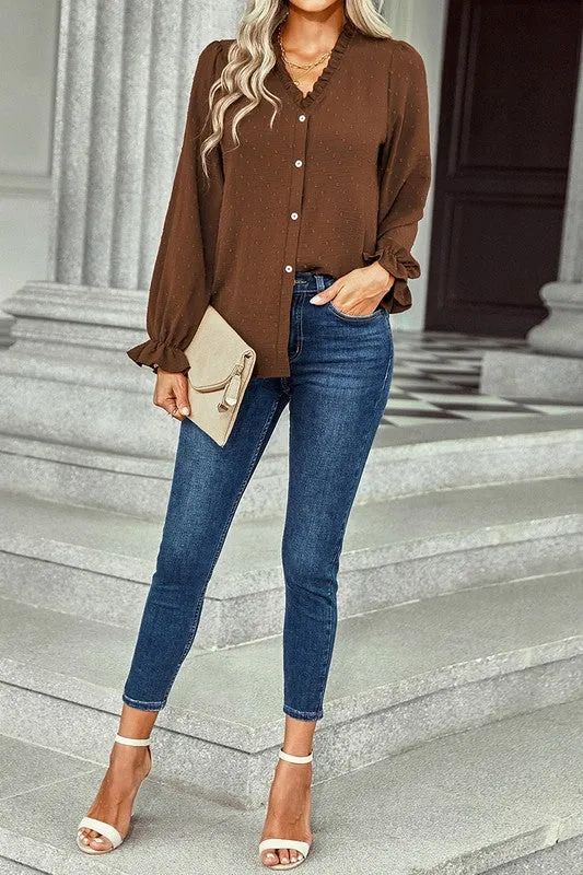 Dotted V-Neck Ruffled Sleeves Blouse