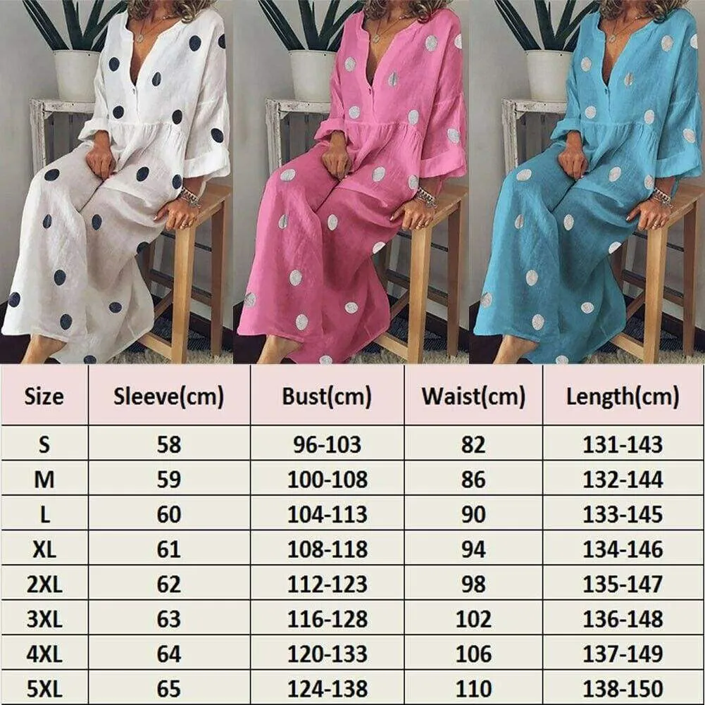 FashionSierra - Plus Size Women Boho V-neck Long Shirt Dress Ladies Long Sleeve Casual Summer Holiday Polka Dot Loose Maxi Dress