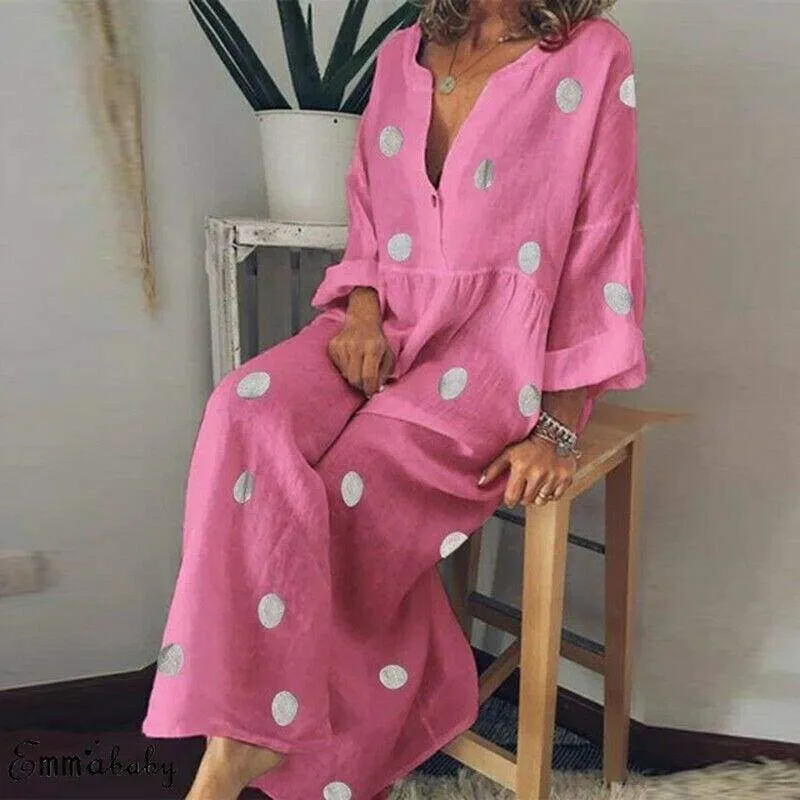 FashionSierra - Plus Size Women Boho V-neck Long Shirt Dress Ladies Long Sleeve Casual Summer Holiday Polka Dot Loose Maxi Dress