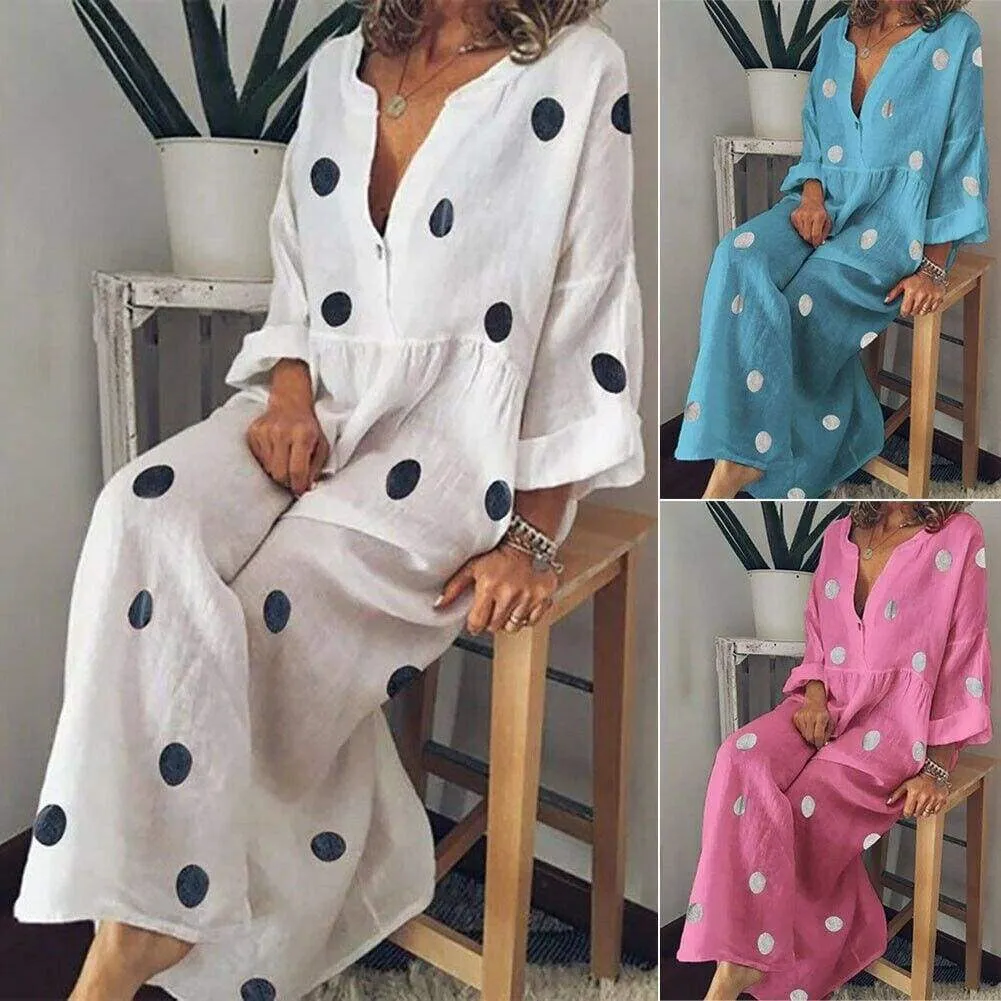 FashionSierra - Plus Size Women Boho V-neck Long Shirt Dress Ladies Long Sleeve Casual Summer Holiday Polka Dot Loose Maxi Dress