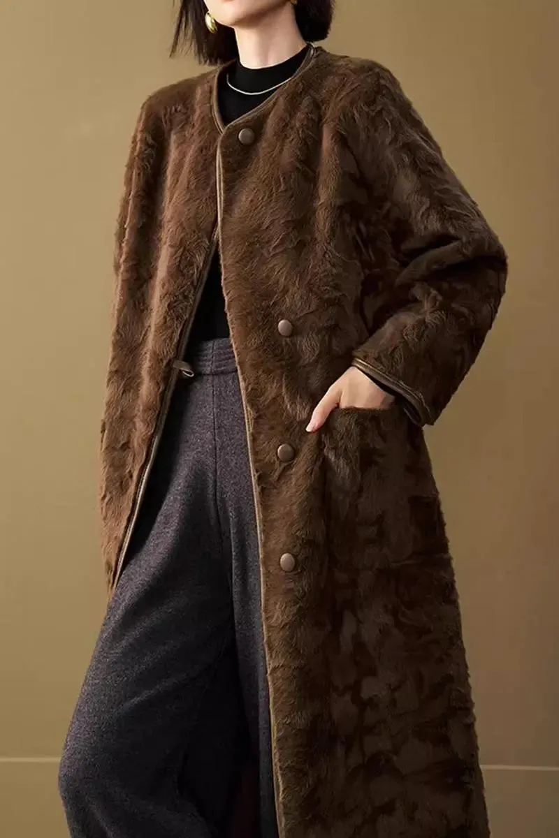 Long Collarless Faux Shearling Coat