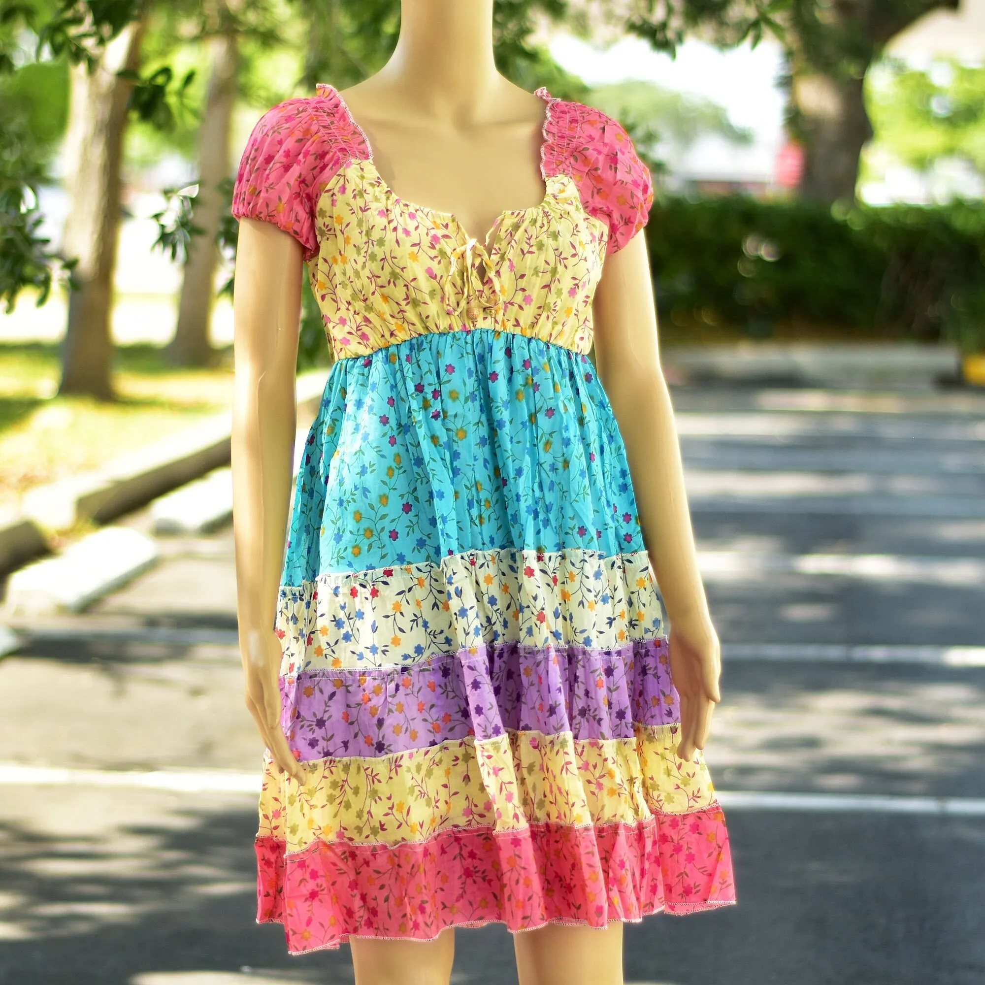 Pure Cotton Boho Summer Floral Print Ruffled Sweetheart-Neckline Puffed Sleeve Tiered Patchwork Mini/Midi Dress Off Shoulder Dress