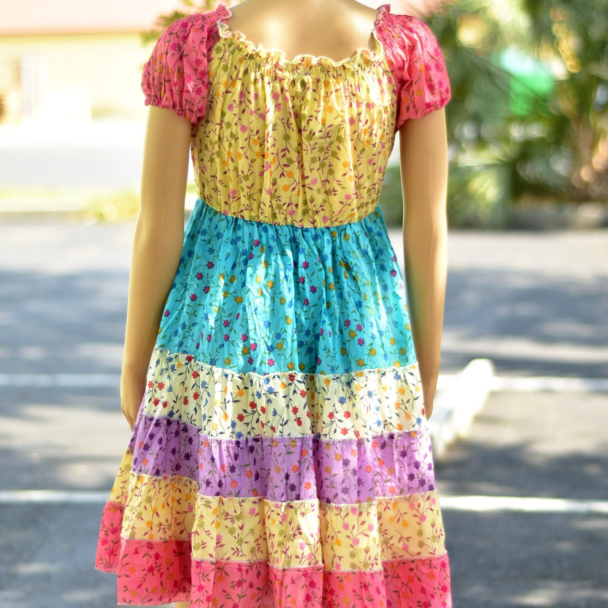 Pure Cotton Boho Summer Floral Print Ruffled Sweetheart-Neckline Puffed Sleeve Tiered Patchwork Mini/Midi Dress Off Shoulder Dress