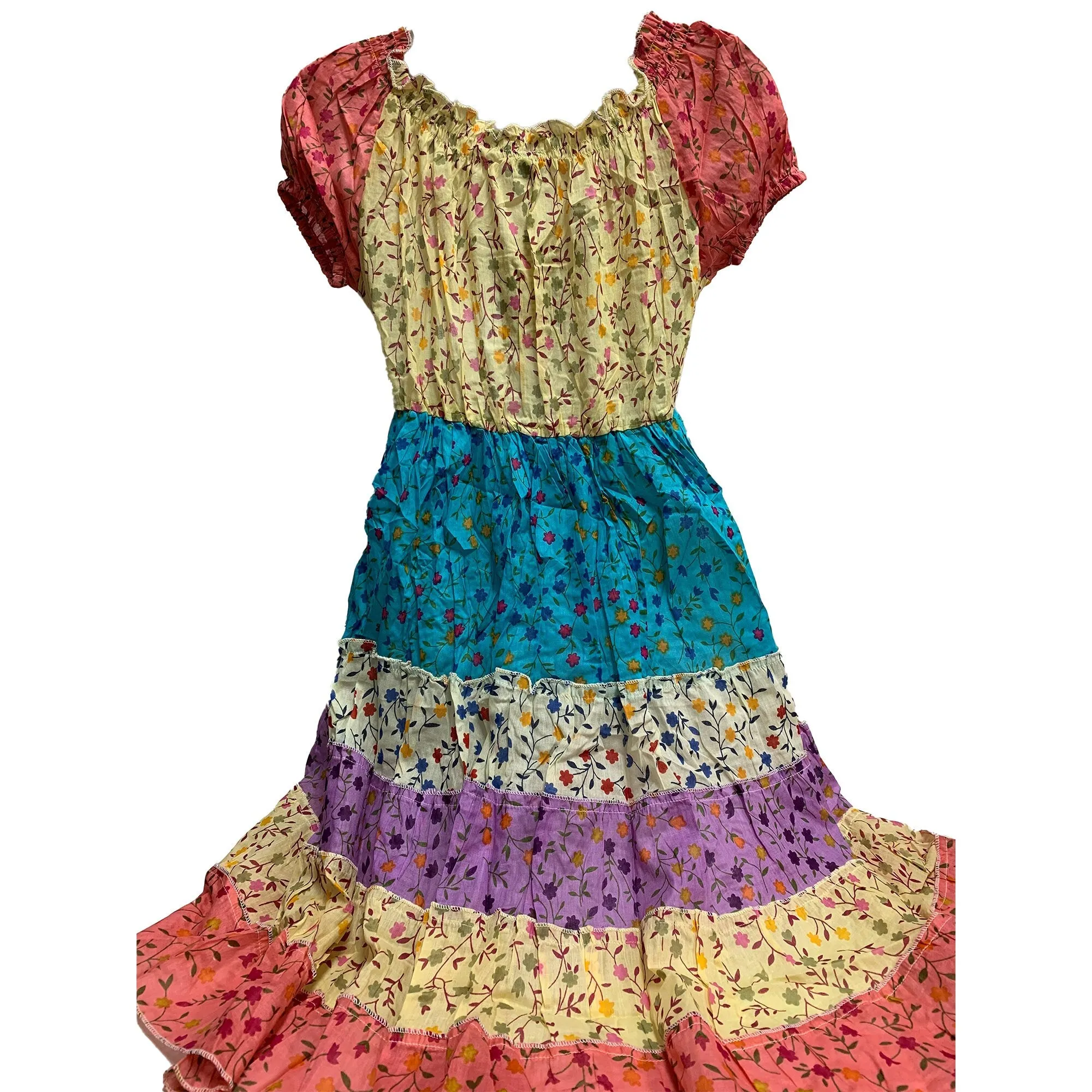 Pure Cotton Boho Summer Floral Print Ruffled Sweetheart-Neckline Puffed Sleeve Tiered Patchwork Mini/Midi Dress Off Shoulder Dress