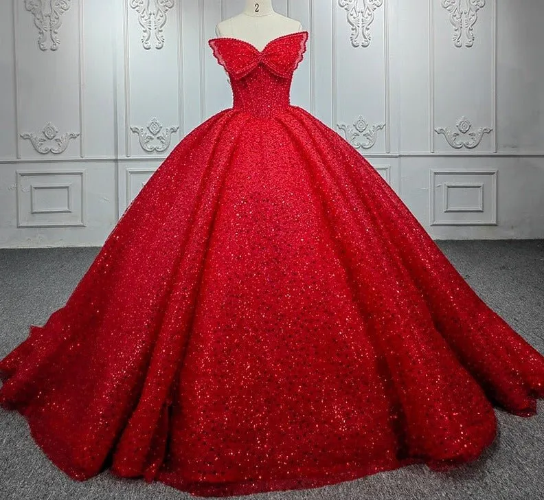 Quinceanera Ball Gown Red Sleeveless Sequined Dress