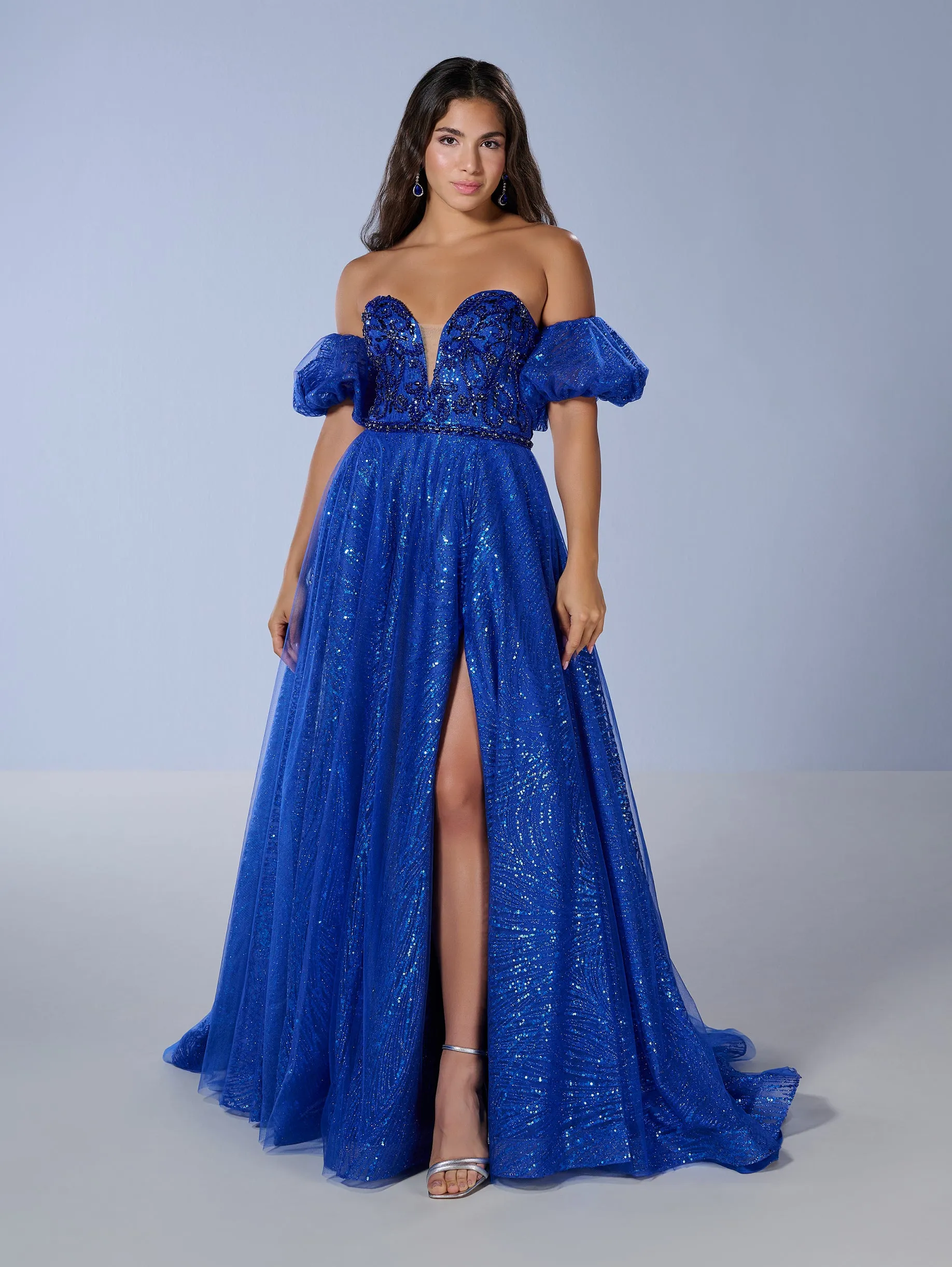 Sequin Strapless A-line Slit Gown by Tiffany Designs 16226