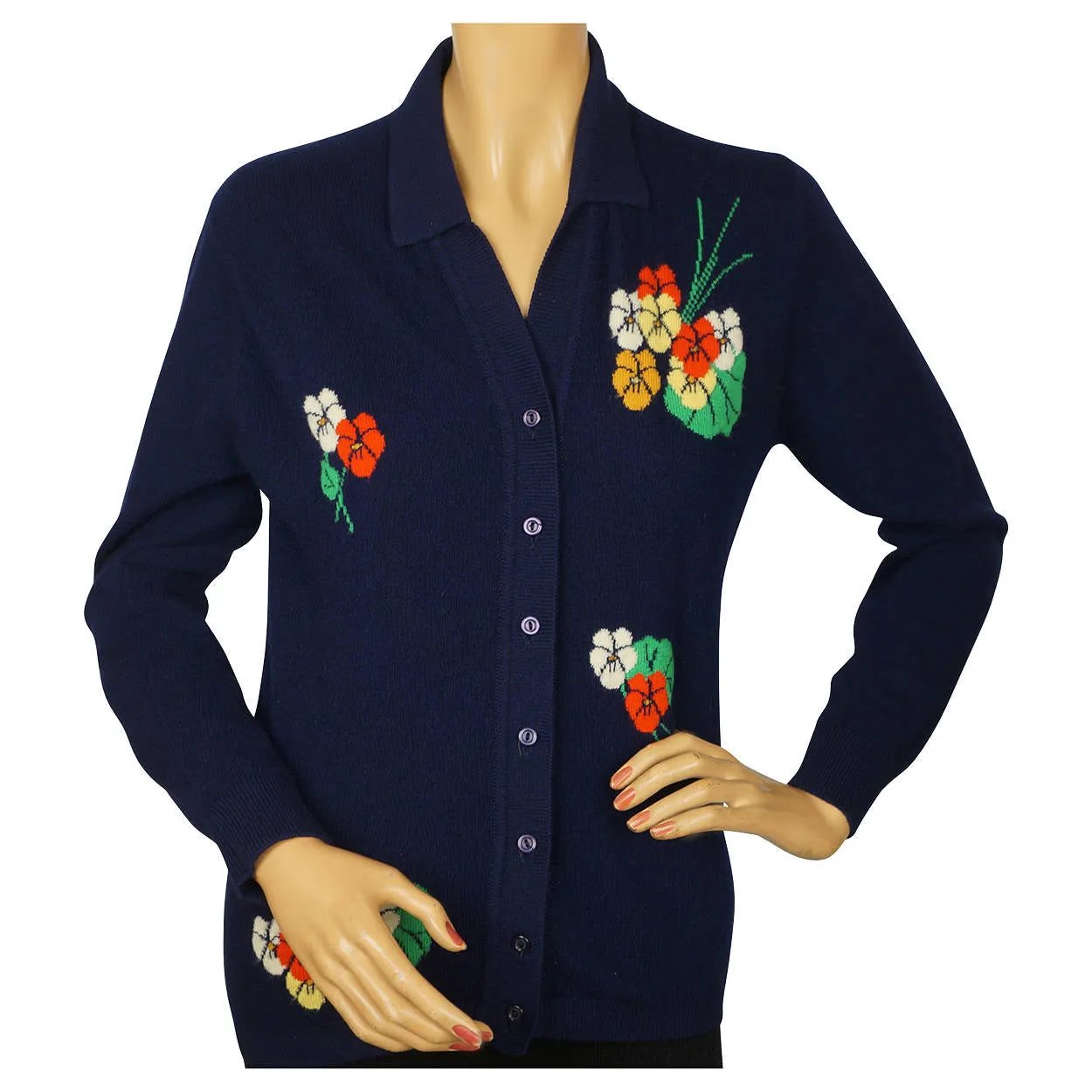 Vintage 1960s Scottish Cashmere Sweater with Pansy Flower Intarsia Pattern M