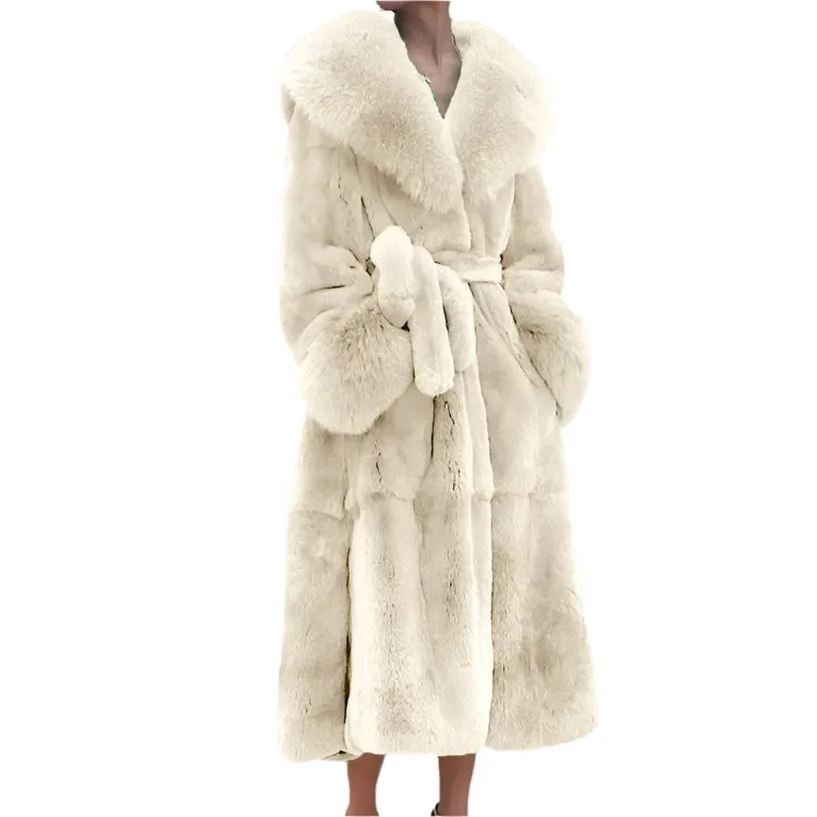 Women's Long Faux Fur Coat - Thick Warm Winter Mink Fur Jacket with Fur Collar, Oversized Feather Outerwear, Luxury Women's Clothing