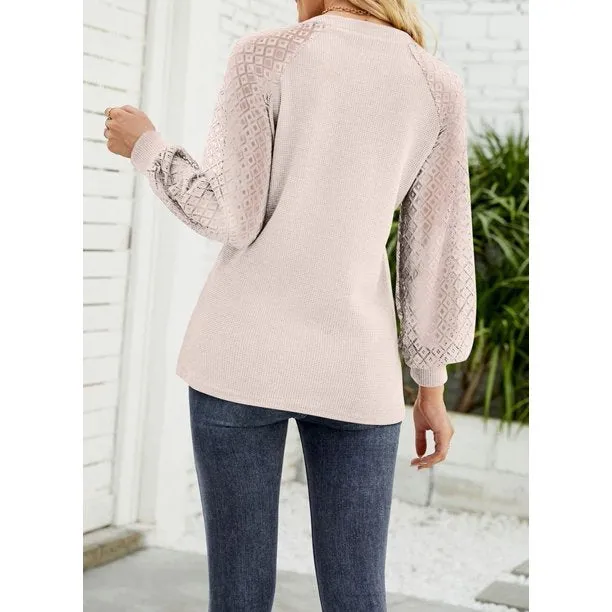 Womens Waffle Blouse Lace Ballon Sleeve T-Shirts